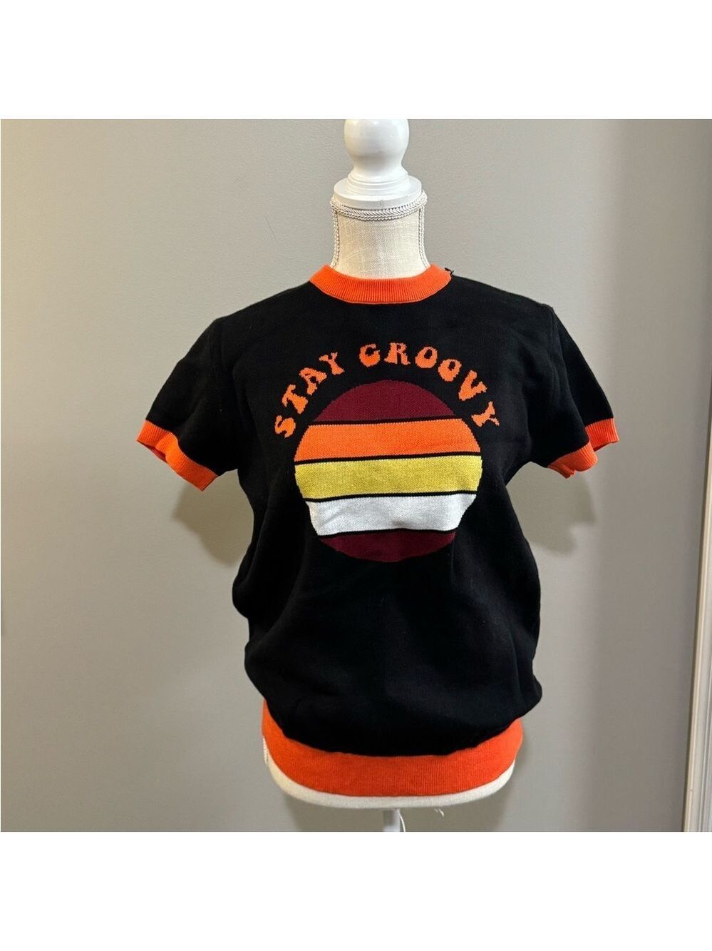 Women's Navy and Orange Crew Neck Sweater with Retro Vibe Stay Groovy . Size S